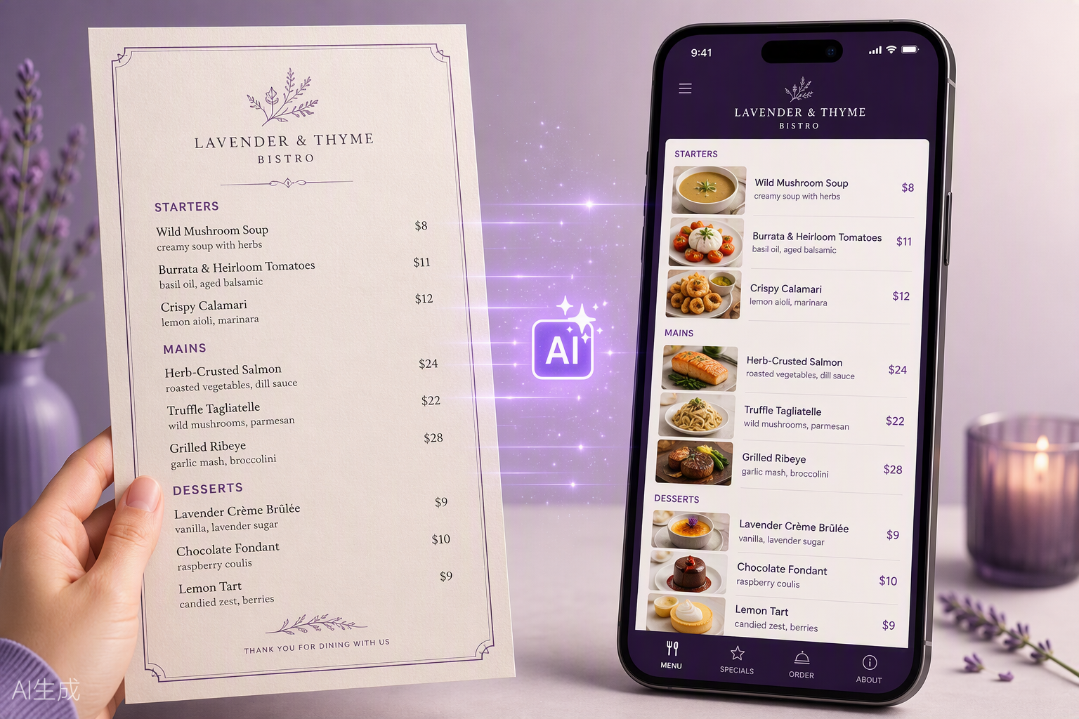 AI turning a paper menu into a finished restaurant website